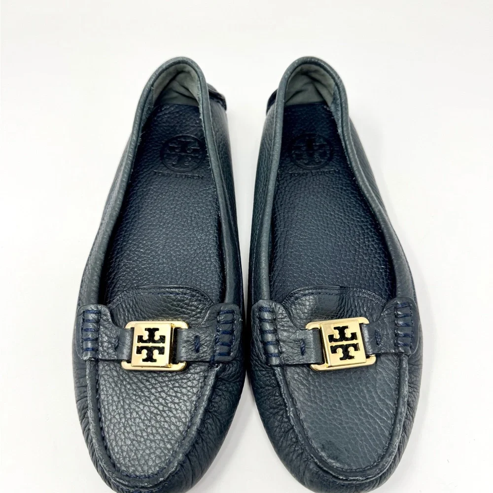 Tory Burch Kendrick Tumbled Leather Driver Loafers - Navy Blue size 7.5
